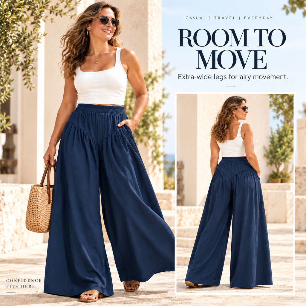 High Waist Wide Leg Casual Pants with Pockets & Elastic Waist