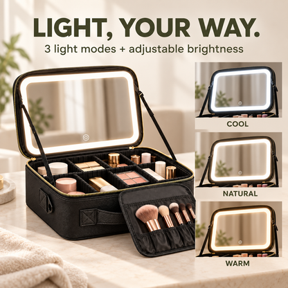 Portable Makeup Train Case with LED Lighted Mirror, 3 Lighting Modes & Adjustable Dividers