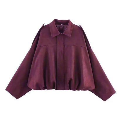 🍂 Women's Vintage Faux Suede Jacket – Oversized Cropped Fit & Zip Front