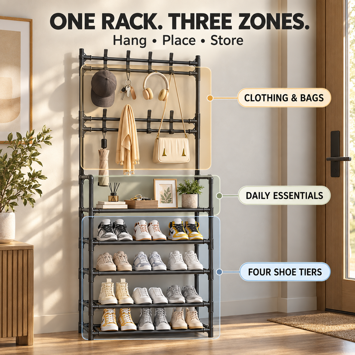 3-in-1 Entryway Coat & Shoe Storage Rack