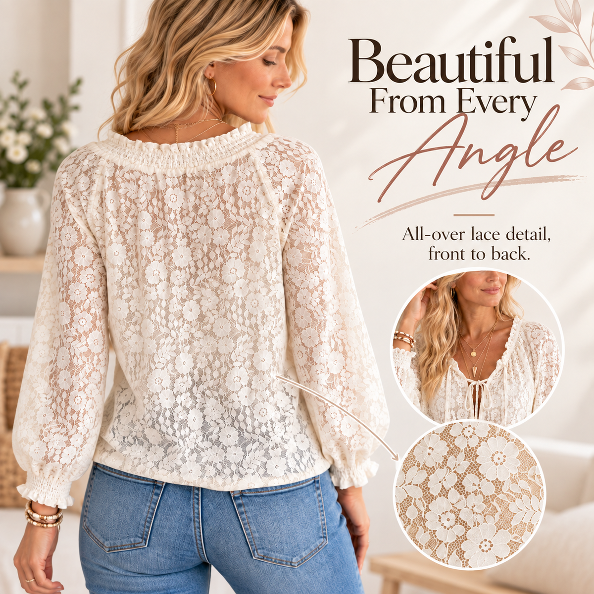 Elegant French Lace Tie-Neck Blouse | Casual Long Sleeve Boho Top
