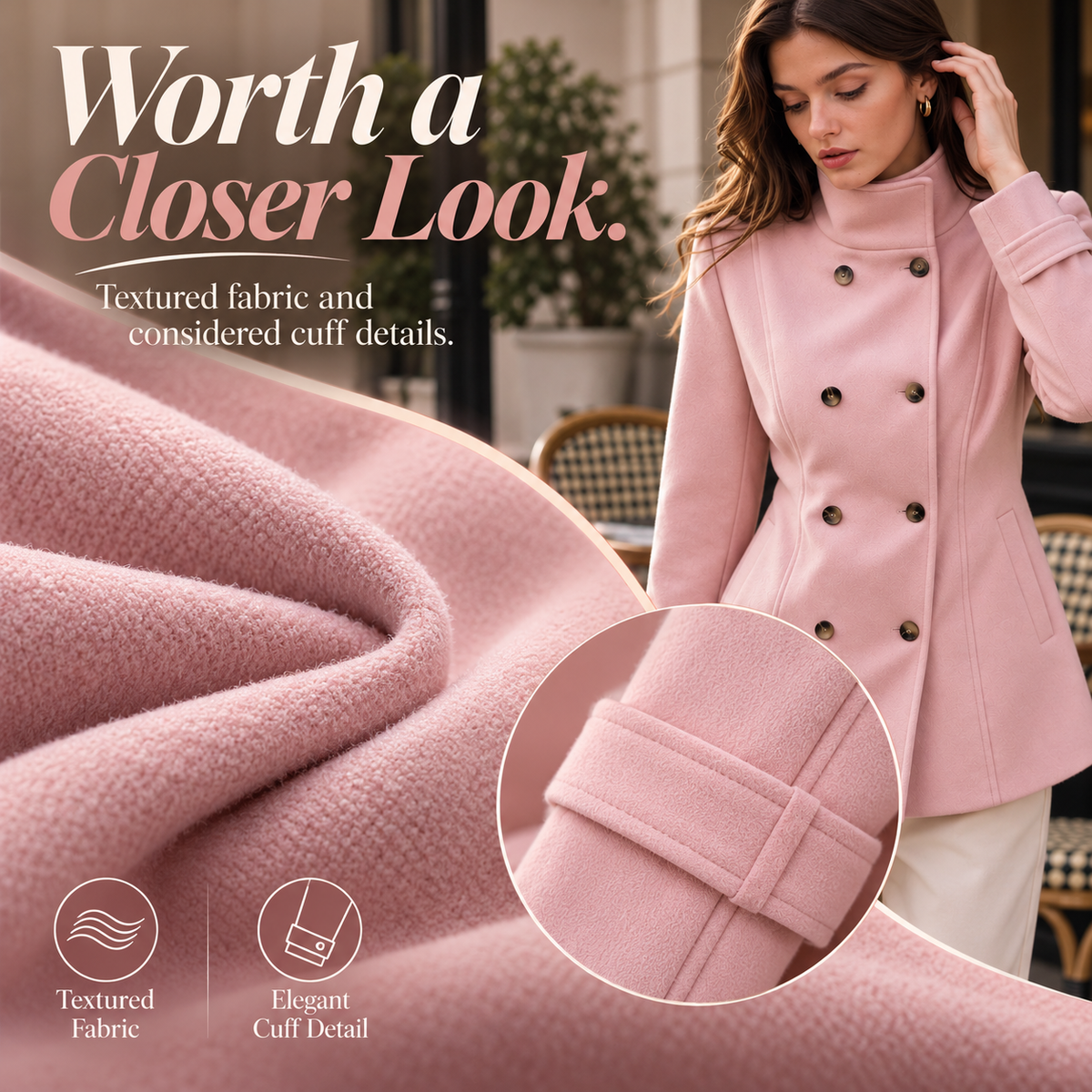 🌸 Women's Elegant Double-Breasted Coat – Flattering Tailored Waist, Stand Collar & Flared Hem