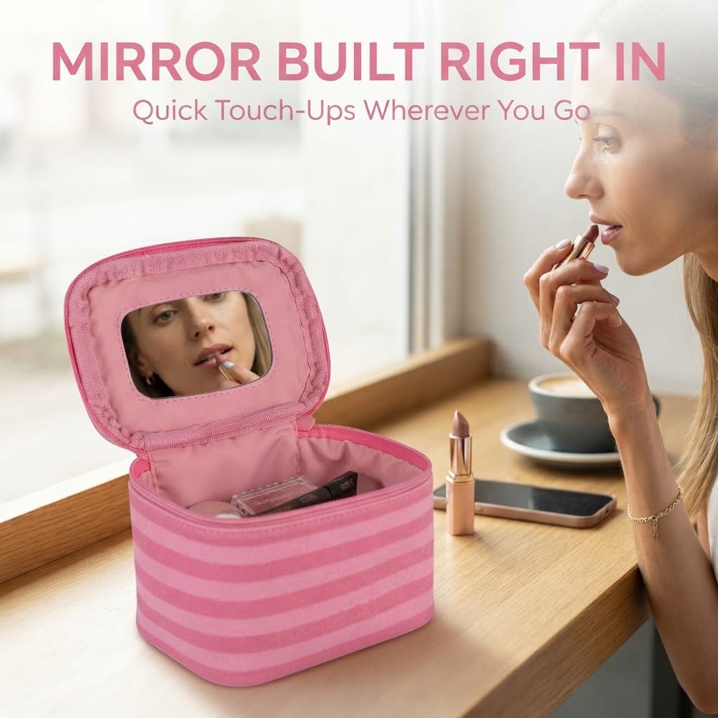 Pink Striped Portable Makeup Bag with Built-In Mirror