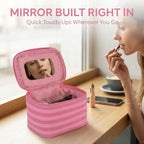 Pink Striped Portable Makeup Bag with Built-In Mirror