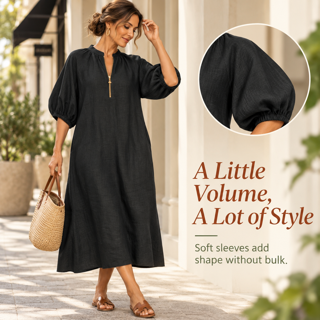 Women’s Casual Zip Neck Balloon Sleeve Maxi Dress with Pockets