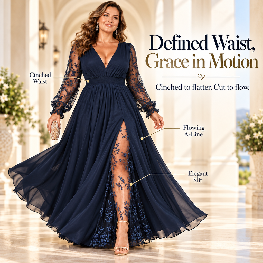Plus Size Lace Sleeve Deep V-Neck A-Line Maxi Dress