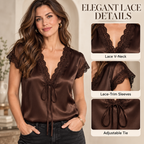 Women's Satin Lace V-Neck Blouse – Elegant Tie-Front Short Sleeve Top