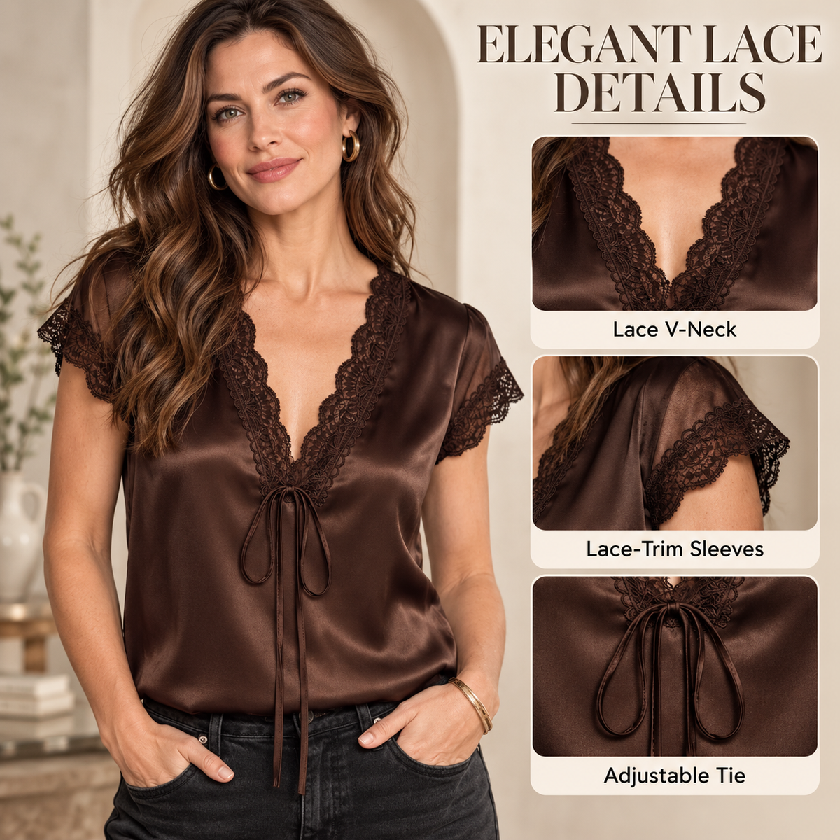Women's Satin Lace V-Neck Blouse – Elegant Tie-Front Short Sleeve Top