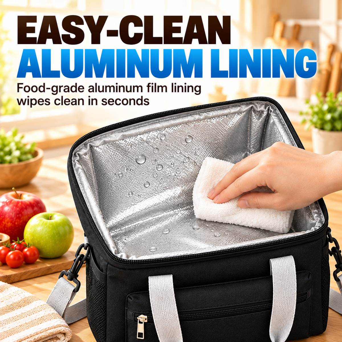 Close view of foil insulated lunch bag lining being wiped with a soft cloth