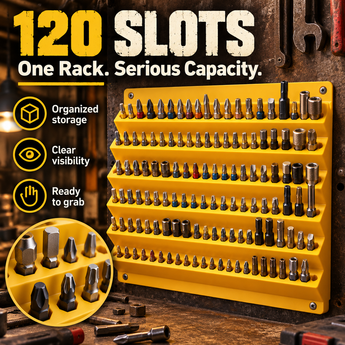 120-Slot Wall-Mounted Drill Bit Organizer – 6-Tier Hex Bit Holder for Garage & Workshop