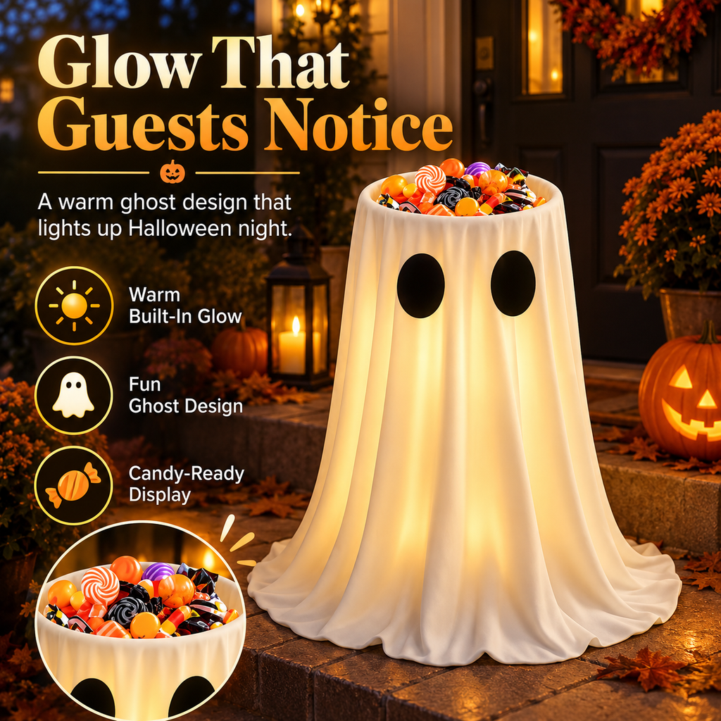 Glowing Ghost Candy Holder Lights Up Trick-or-Treat Night