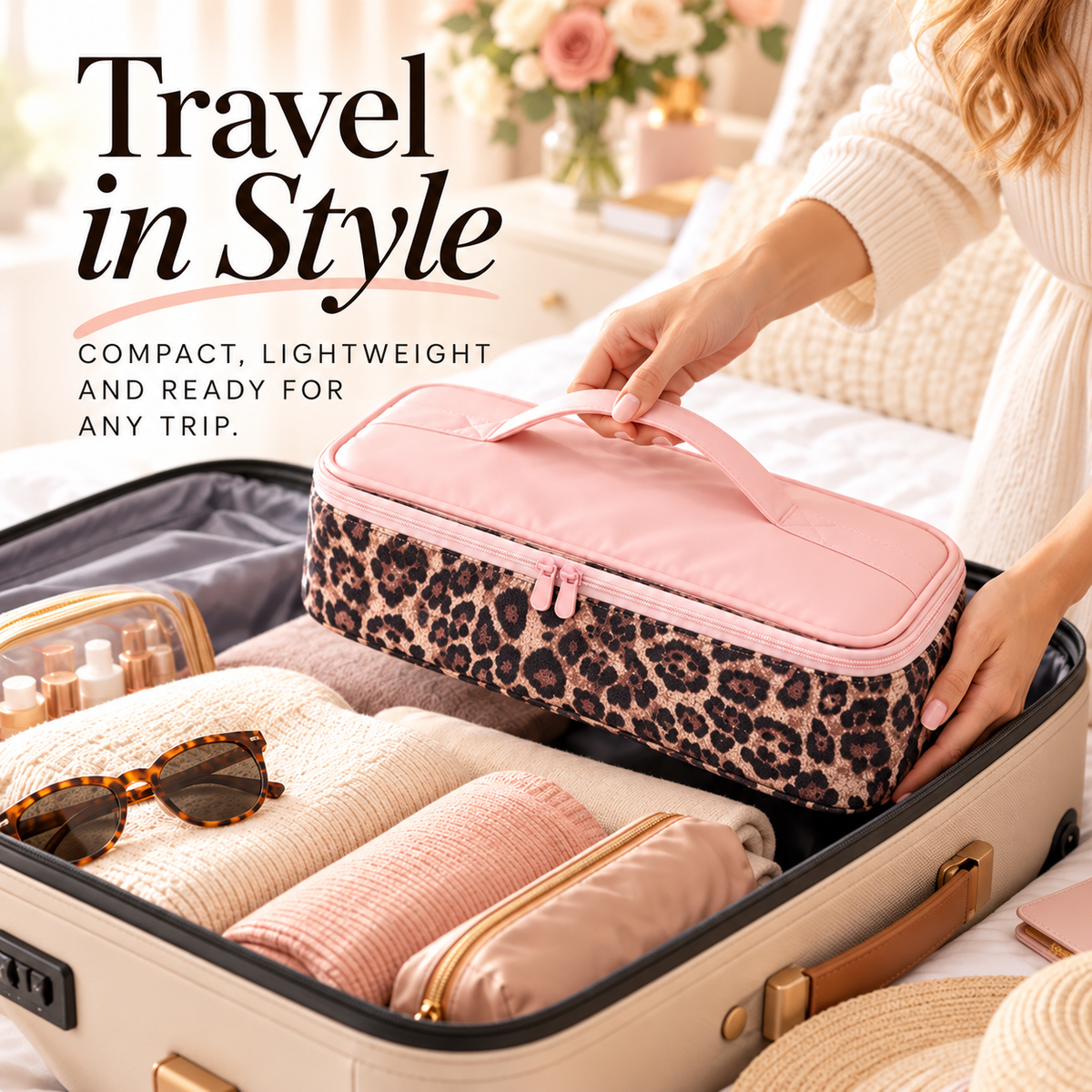 Pink leopard print hair styling organizer bag being packed into open travel suitcase