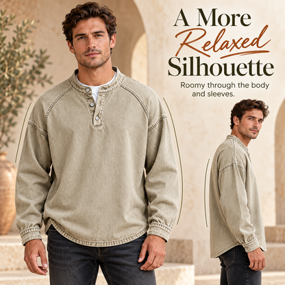 Vintage Wash Henley Sweatshirt | Casual Loose Fit Long Sleeve Top