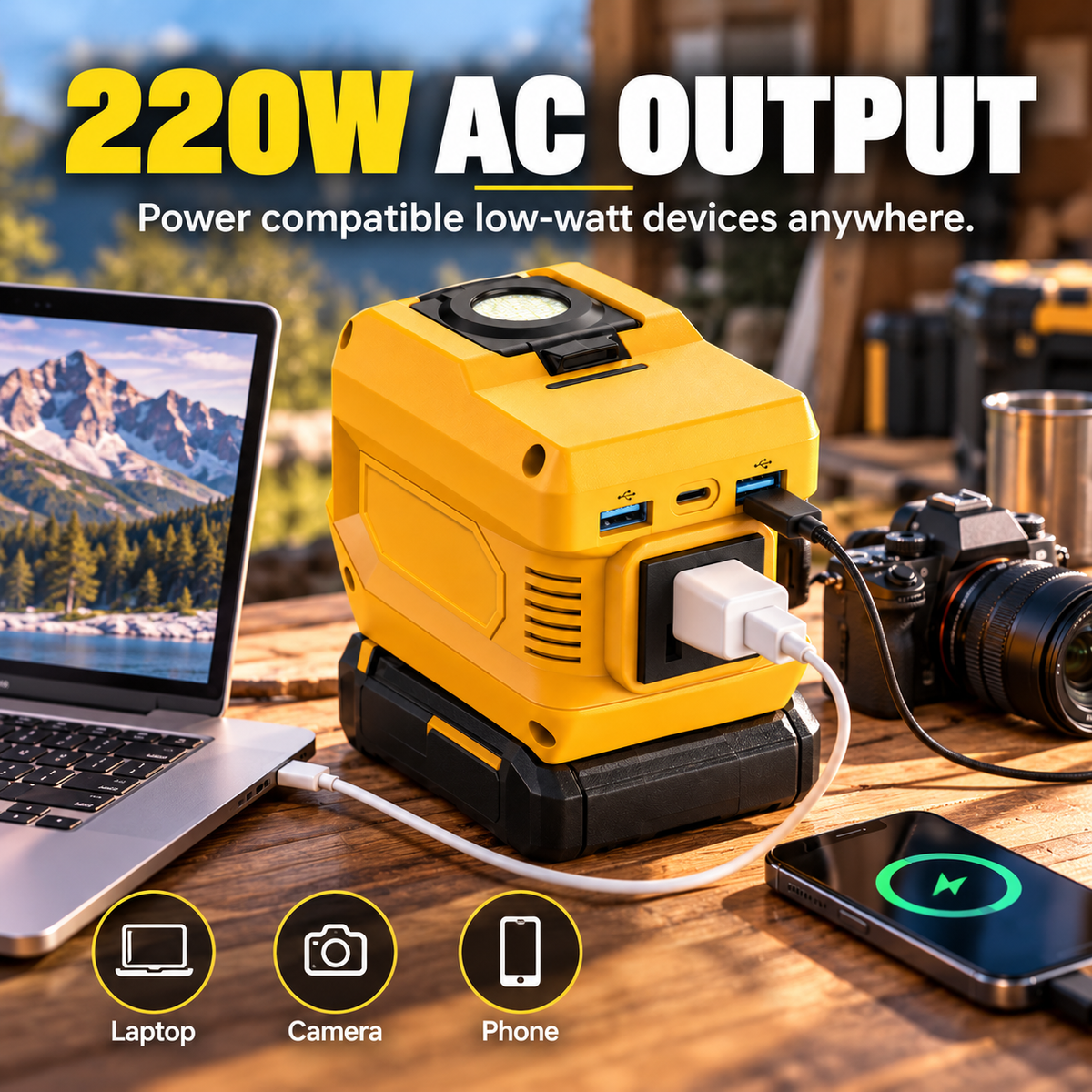 220W Portable Power Inverter with USB-C, Dual USB Ports & LED Work Light