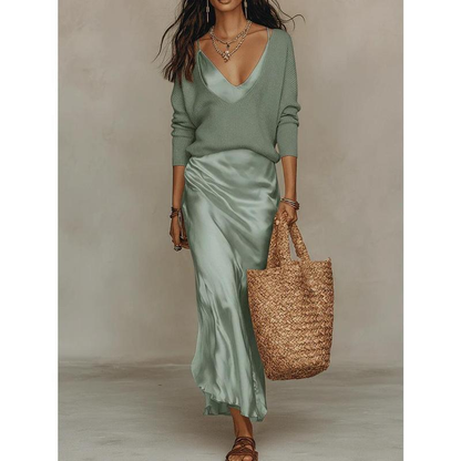 💃Women’s 2-Piece V-Neck Knit Sweater & Satin Slip Maxi Dress Set💃