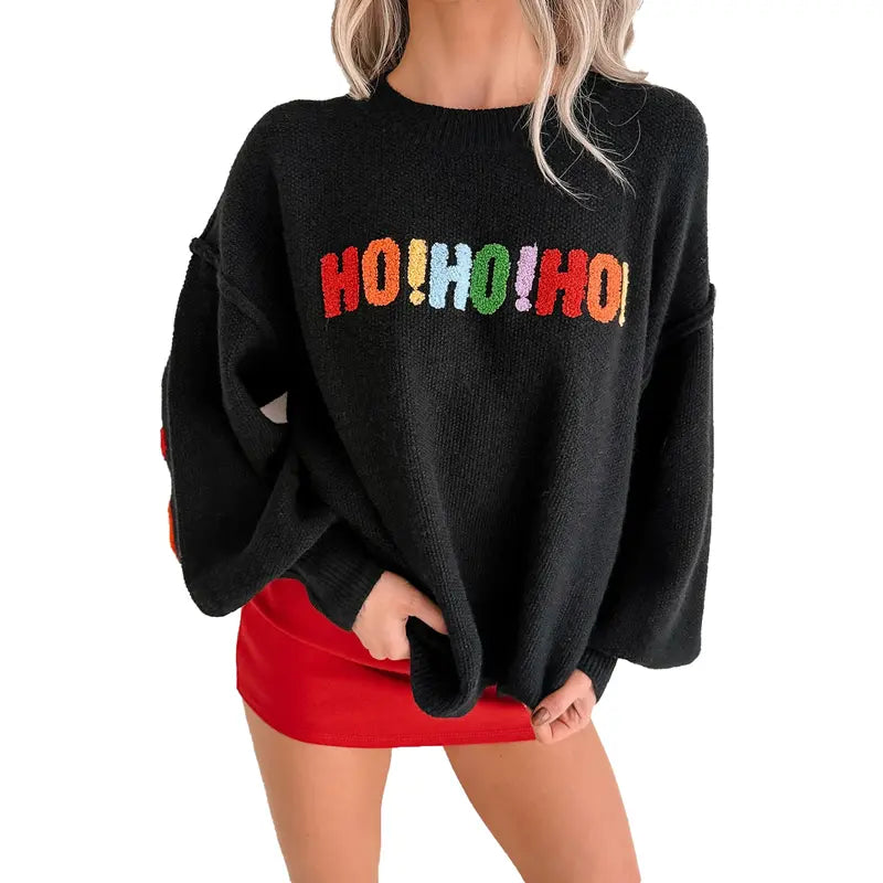🎄 Women's Oversized Christmas Sweater – Colorful Chenille HO HO HO & MERRY CHRISTMAS Graphic Knit Pullover