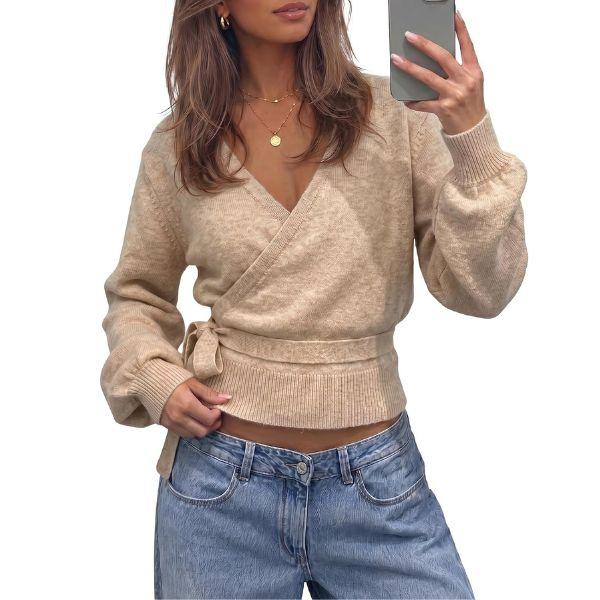 💃Women’s V-Neck Wrap Knit Sweater with Tie Waist & Lantern Sleeves💃