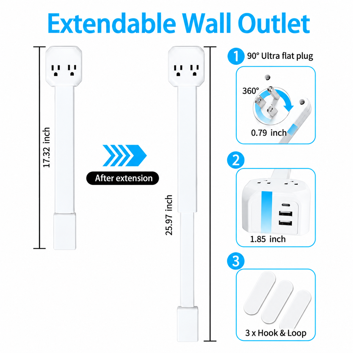 Rotating & Extendable Wall Outlet Extender – 4-in-1 Power Strip with USB-A & USB-C