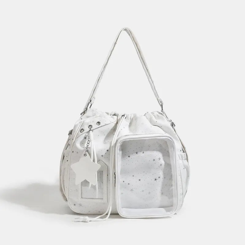 ✨ Star-Embossed Ita Bag | Convertible Drawstring Backpack & Shoulder Bag with Clear Window 🎒