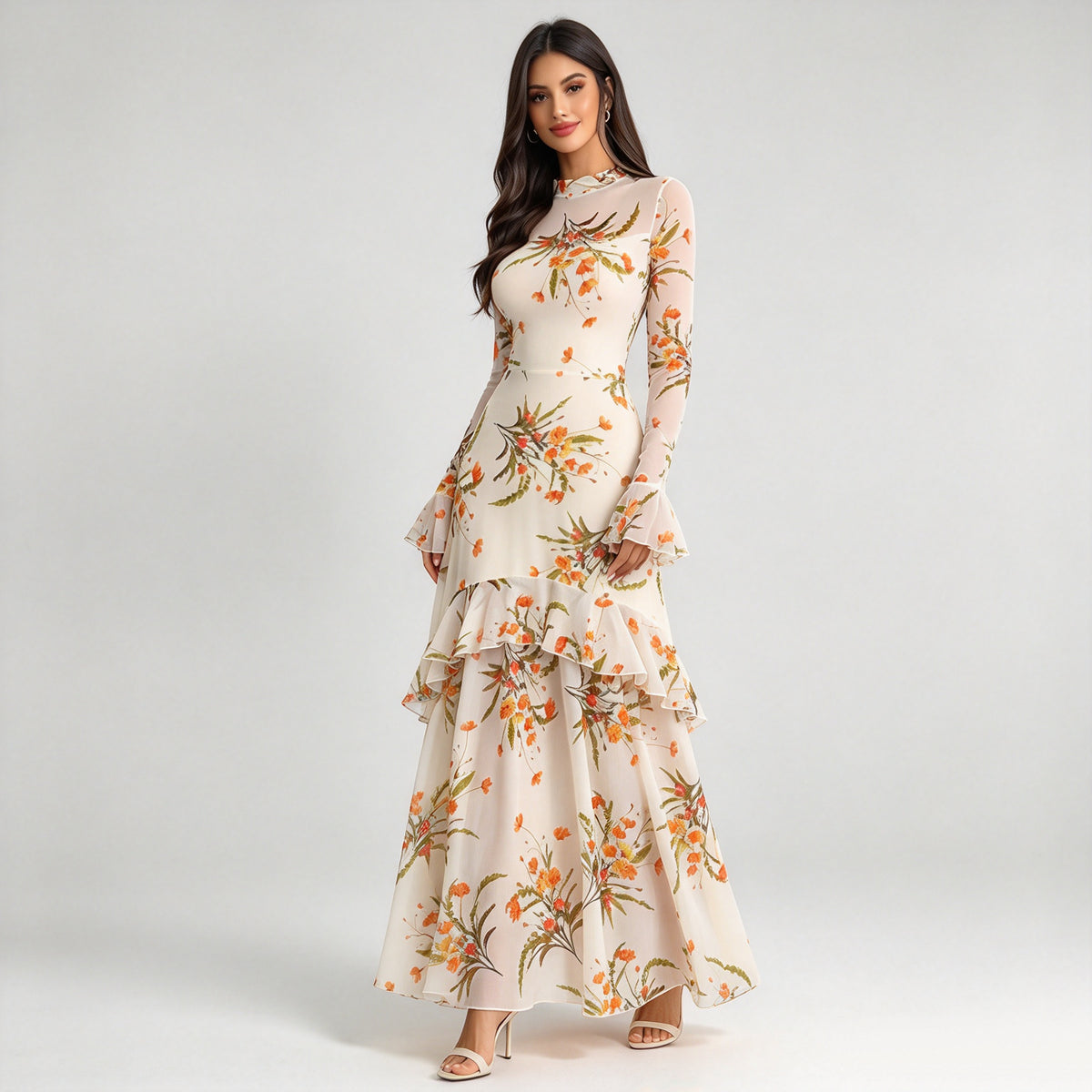 Vintage Floral Embroidered Mesh Long Sleeve Maxi Dress
