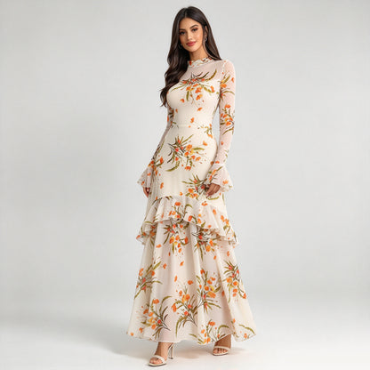 Vintage Floral Embroidered Mesh Long Sleeve Maxi Dress
