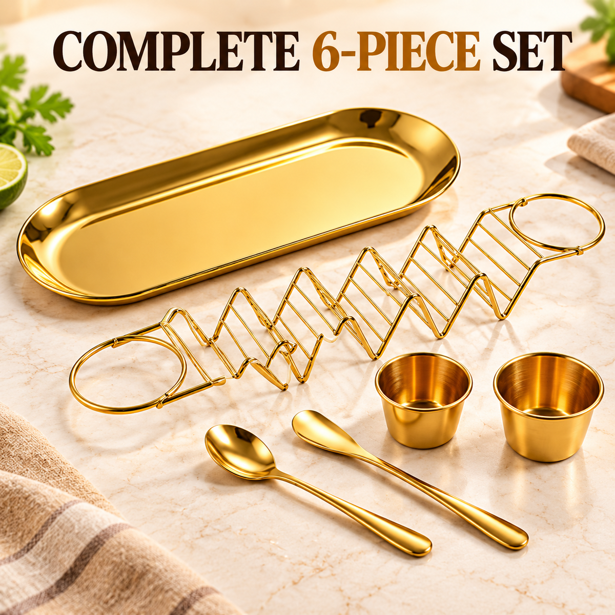 6-Piece Set Gold Taco Holder & Serving Set with Sauce Cups