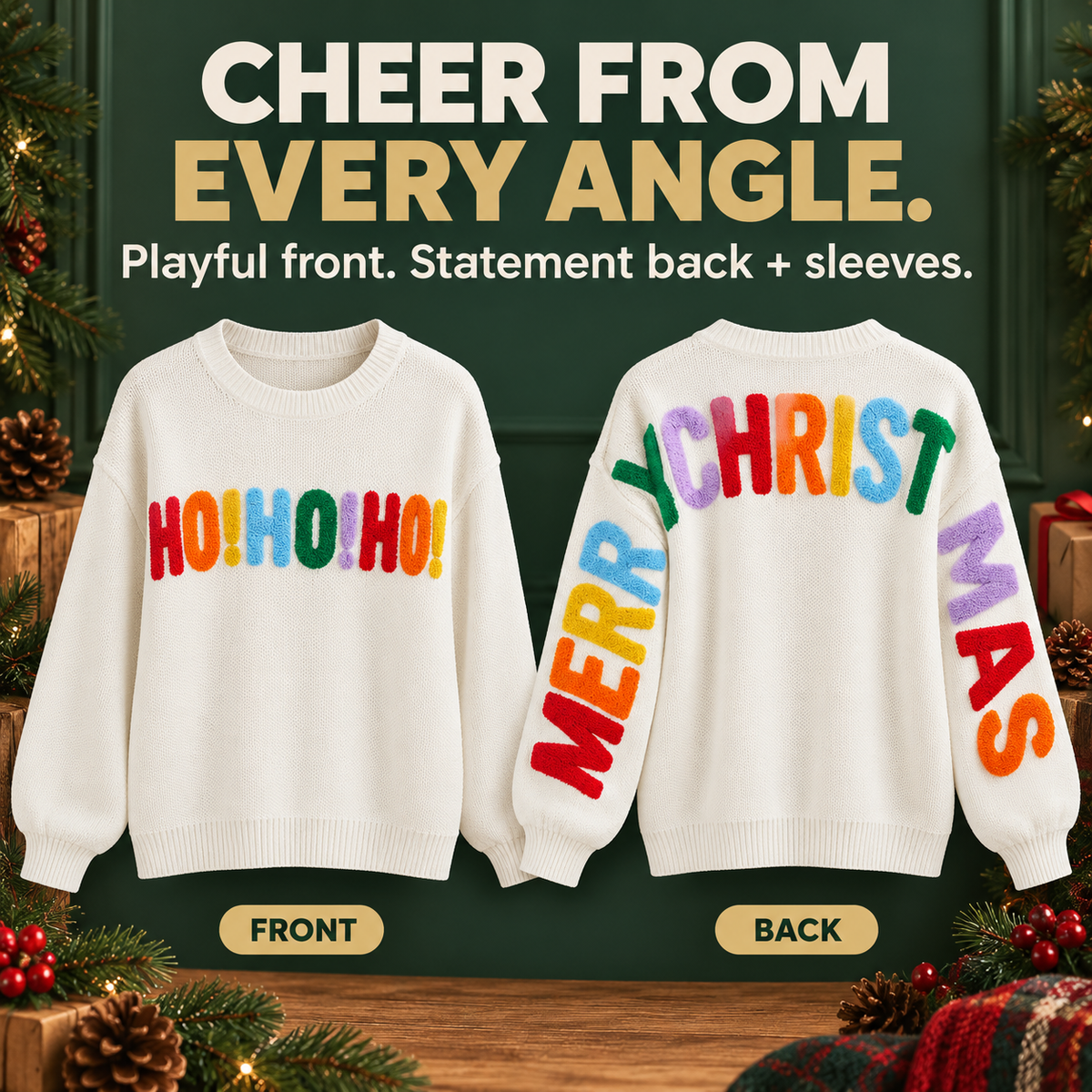 🎄 Women's Oversized Christmas Sweater – Colorful Chenille HO HO HO & MERRY CHRISTMAS Graphic Knit Pullover