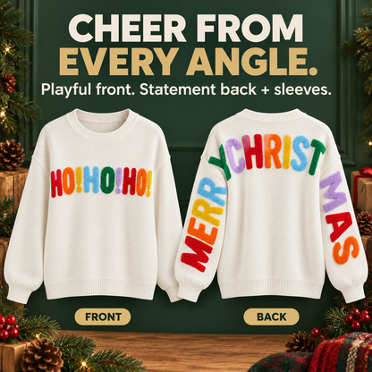 🎄 Women's Oversized Christmas Sweater – Colorful Chenille HO HO HO & MERRY CHRISTMAS Graphic Knit Pullover