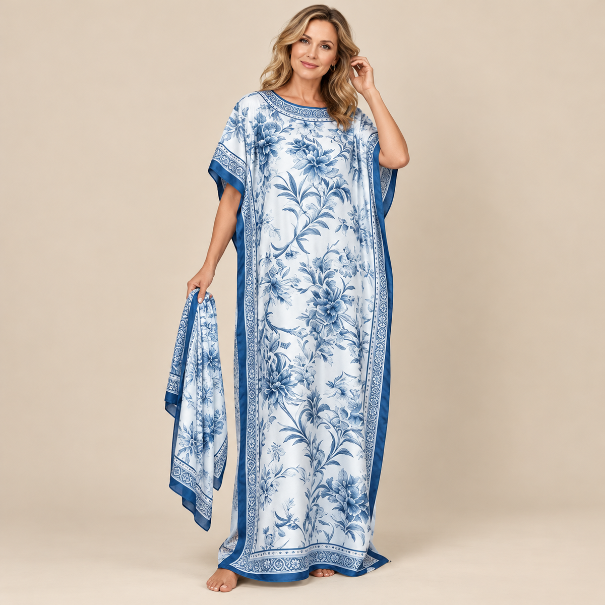 Printed Kaftan Maxi Dress & Matching Scarf Set