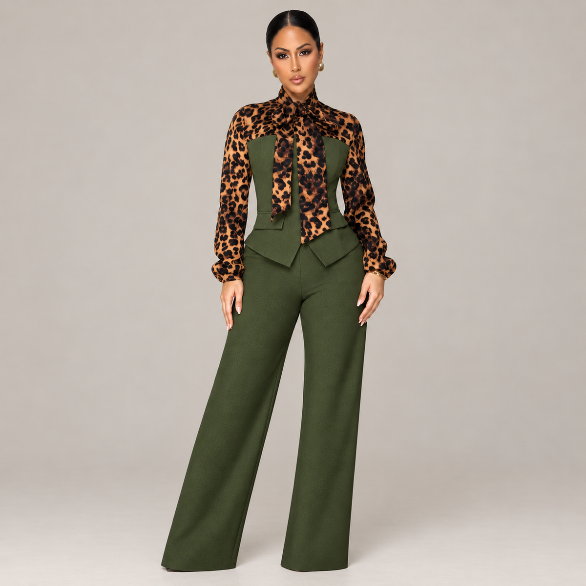 Casual Elegant Leopard Contrast Top & High-Waist Trouser Outfit