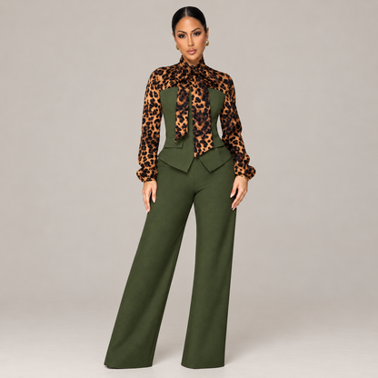 Casual Elegant Leopard Contrast Top & High-Waist Trouser Outfit