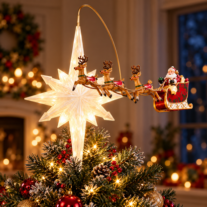 🎅Animated Santa Sleigh & Reindeer Christmas Tree Topper with Glowing Star🎅