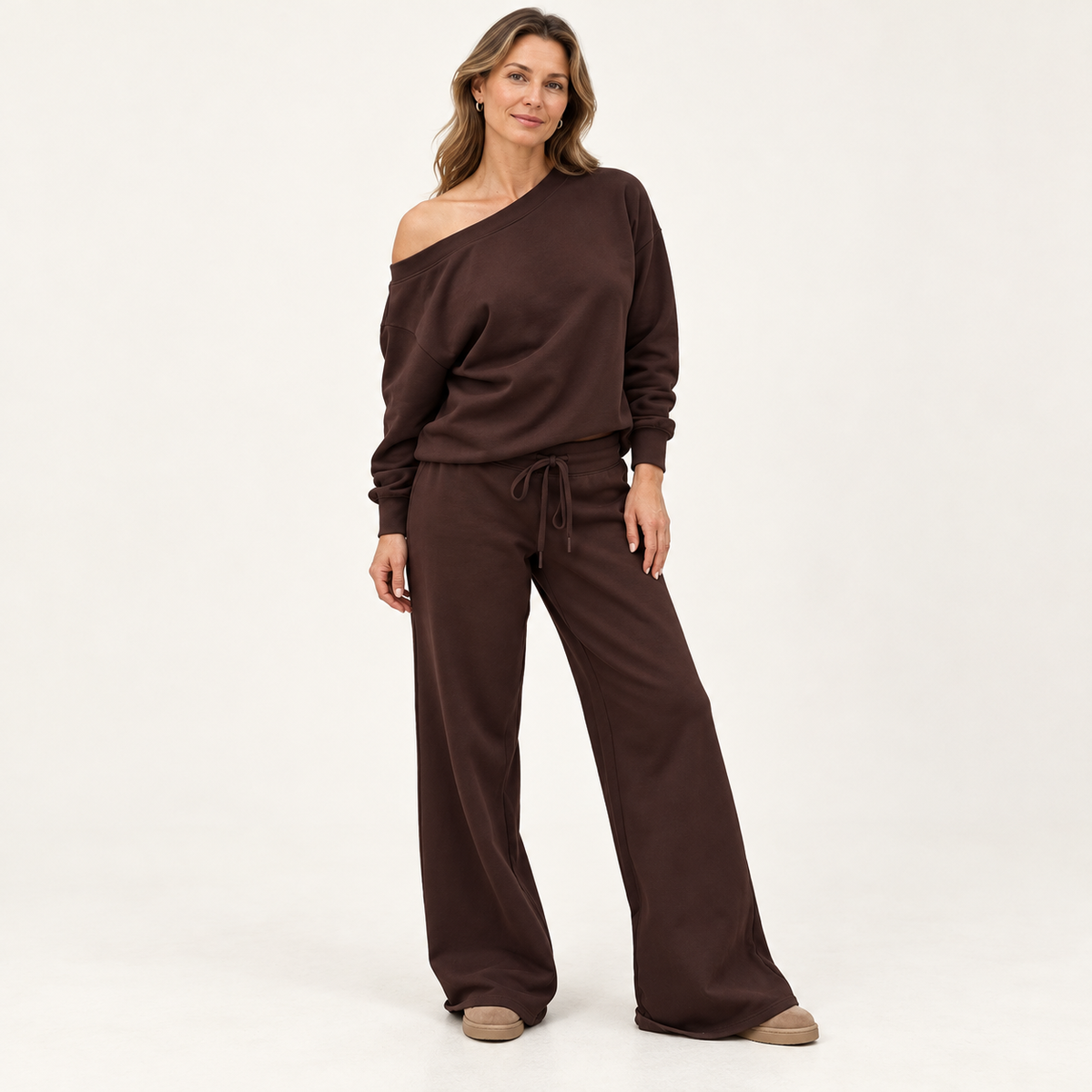 Women's 2-Piece Off-Shoulder Lounge Set – Wide Leg Pants & Sweatshirt