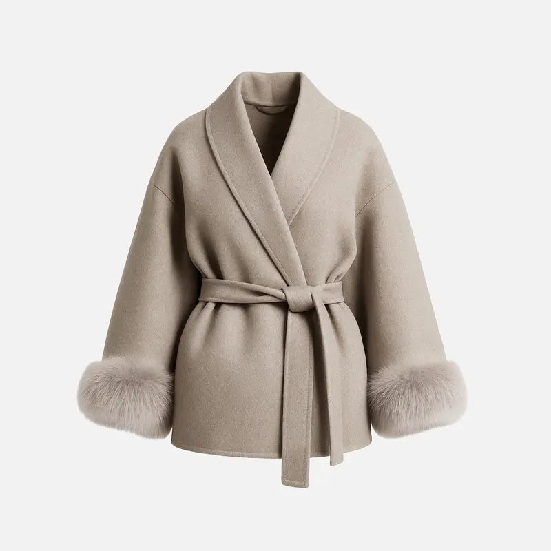 Women's Luxury Plush-Cuff Belted Wrap Coat | Elegant Fall & Winter Thermal Jacket