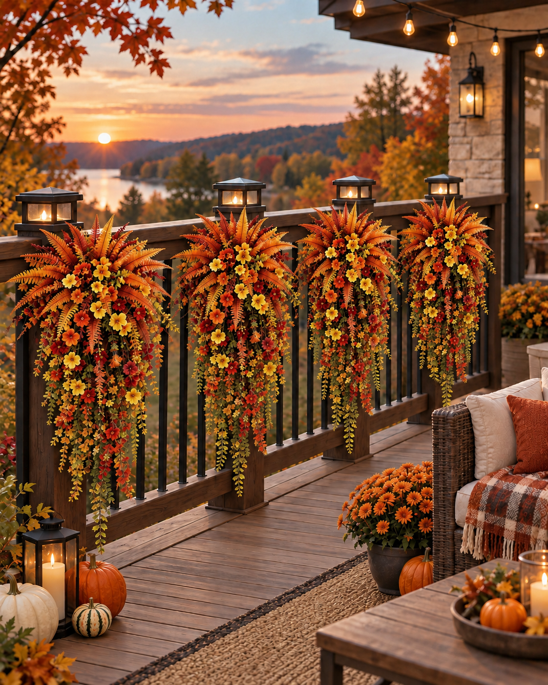 🍂 UV-Resistant Faux Boston Fern Hanging Plant – Cozy Fall & Winter Outdoor Decor