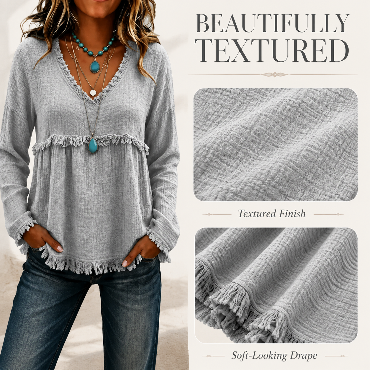 Bohemian Charm Fringe V-Neck Pullover — Effortless Elegance