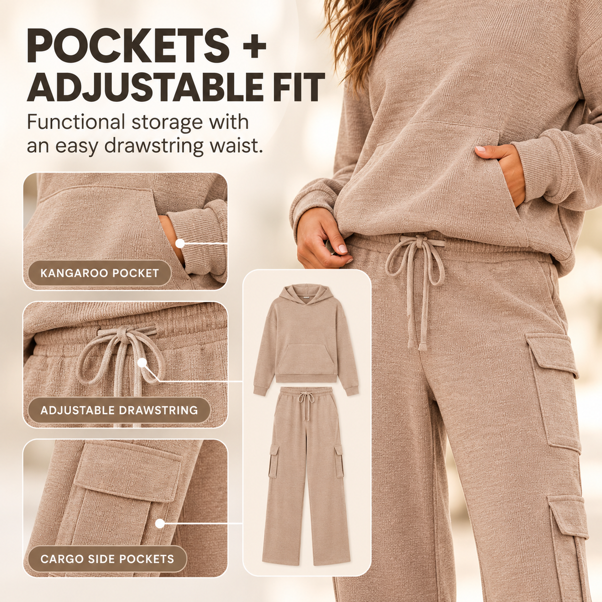 Women’s Soft Hooded Lounge Set with Wide-Leg Cargo Pants & Pockets