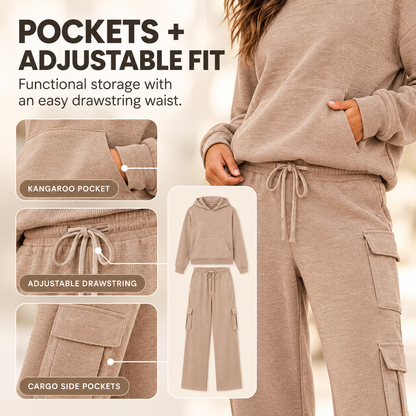 Women’s Soft Hooded Lounge Set with Wide-Leg Cargo Pants & Pockets