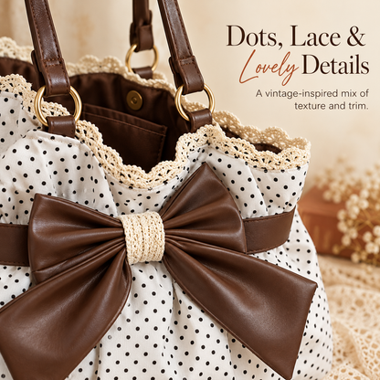 🎀Retro Chic Polka Dot Bow Tote — Vintage Lace Fabric Shoulder Bag & Daily Travel Purse 👜