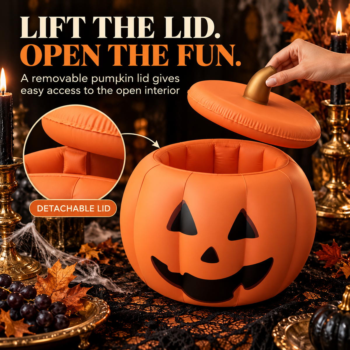 Inflatable Pumpkin Bucket with Detachable Lid & Reusable Design