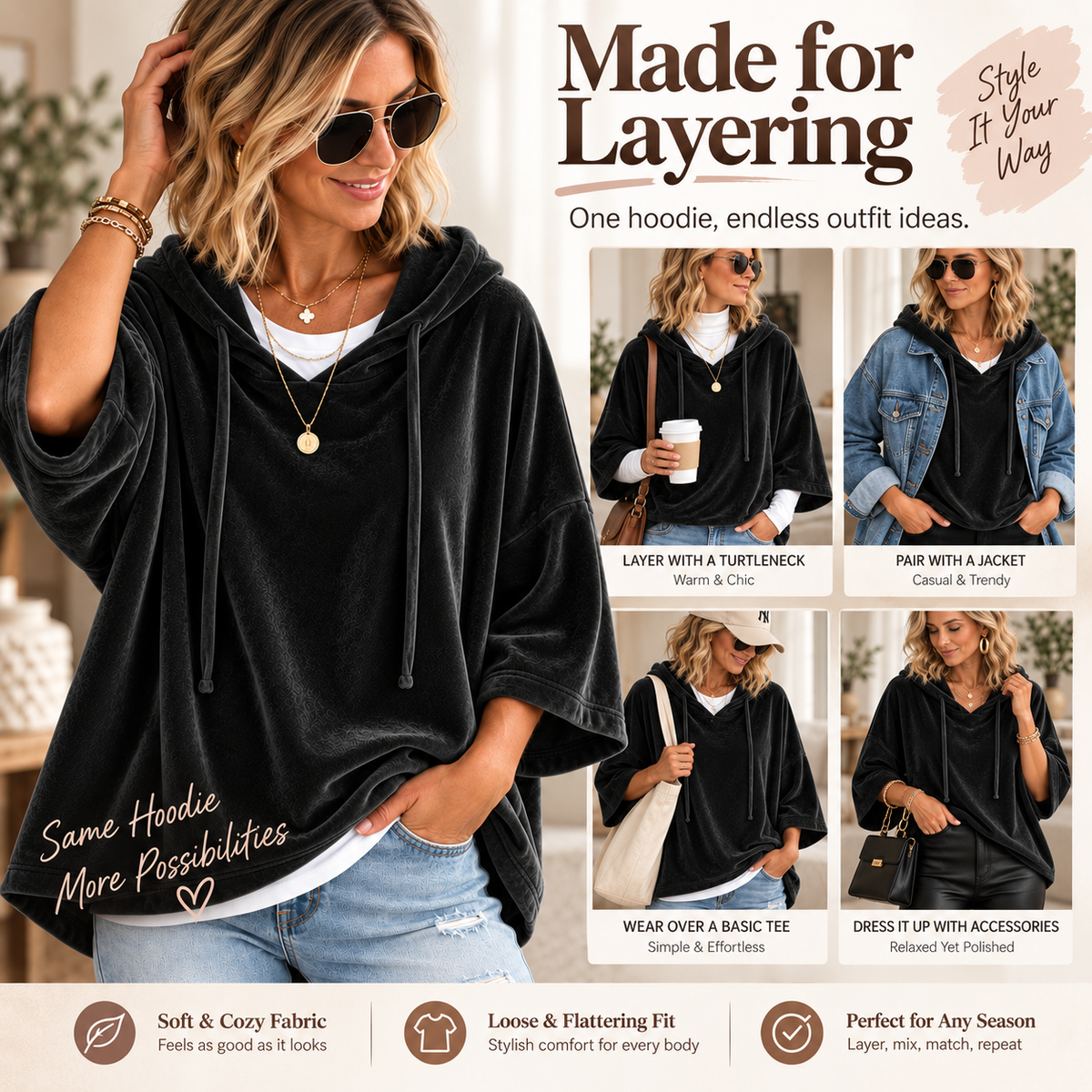 Women’s Velour Hooded Top — Loose Fit Pullover with 3/4 Sleeves