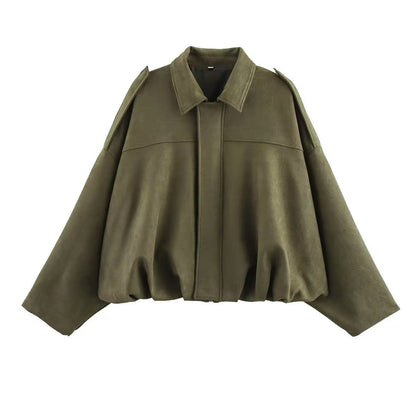 🍂 Women's Vintage Faux Suede Jacket – Oversized Cropped Fit & Zip Front