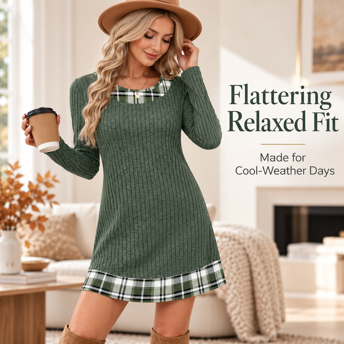 Women’s Plaid Patchwork Sweater Dress – Long Sleeve Knit Style