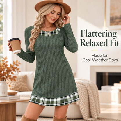 Women’s Plaid Patchwork Sweater Dress – Long Sleeve Knit Style