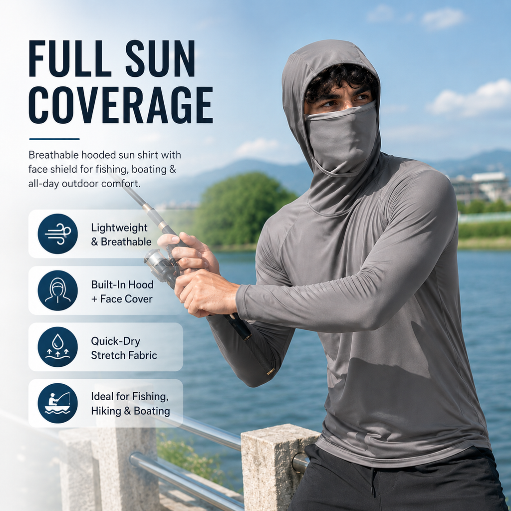 Men’s Lightweight Hooded Sun Shirt with Face & Neck Coverage