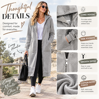 Women's Long Zip-Up Fleece Hoodie – Casual Oversized Full-Zip Outerwear with Pockets