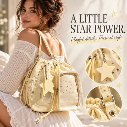 ✨ Star-Embossed Ita Bag | Convertible Drawstring Backpack & Shoulder Bag with Clear Window 🎒