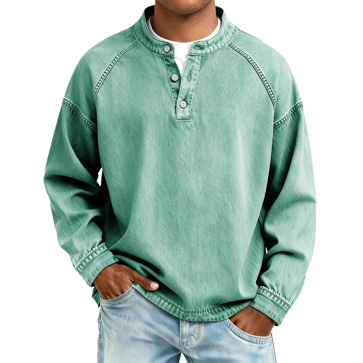 Vintage Wash Henley Sweatshirt | Casual Loose Fit Long Sleeve Top