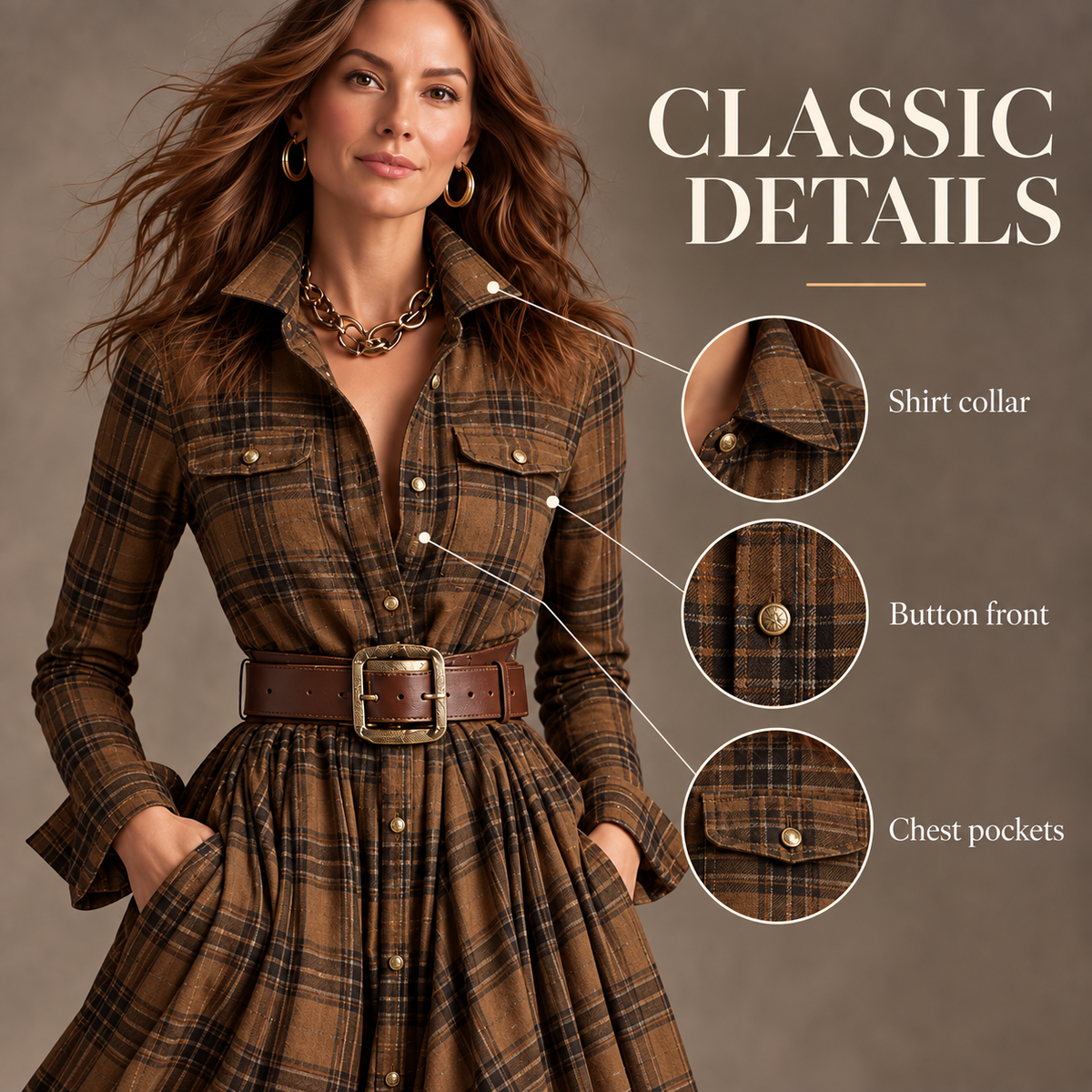 Vintage Plaid Button-Front Maxi Dress – Belt Included