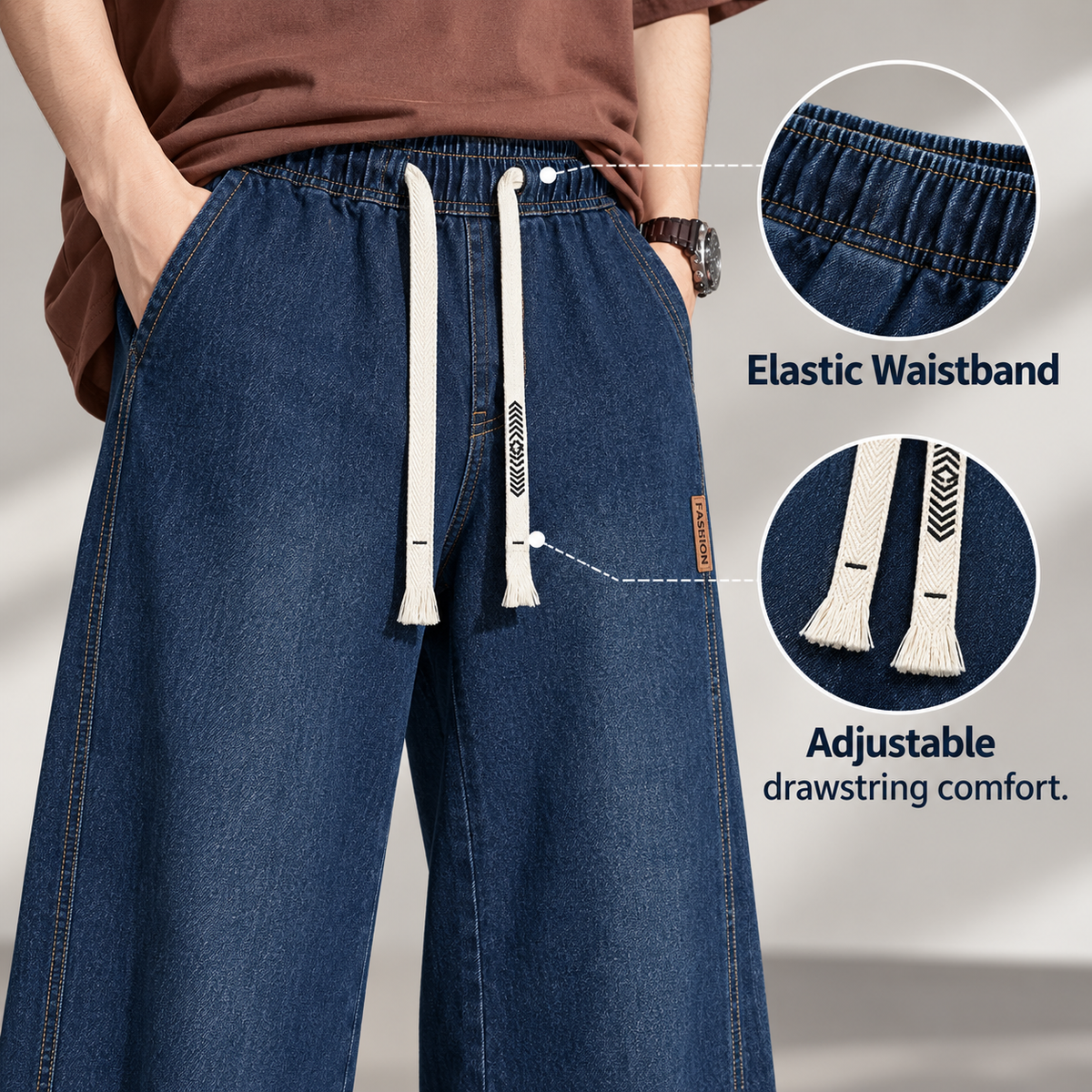 Men’s Relaxed Fit Drawstring Jeans – Stretch Wide-Leg Denim Pants